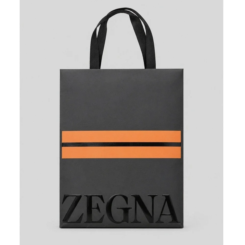 Zegna Black Orange‎ Stripe Embossed Logo Large Paper Shopping Gift Bag 18.5x13.5